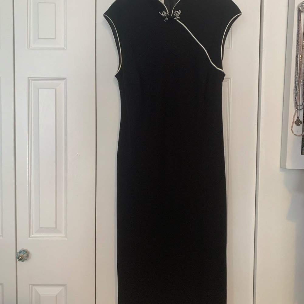 Rena Rowan Black Midi Dress with Mandarin Collar and Silver Accents